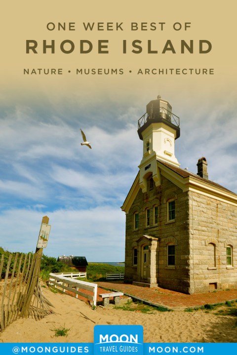 Lighthouse building on the beach. Pinterest graphic.