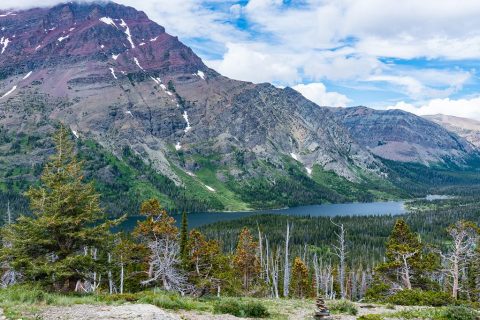 wide landscape view of two medicine lake in glacier national park