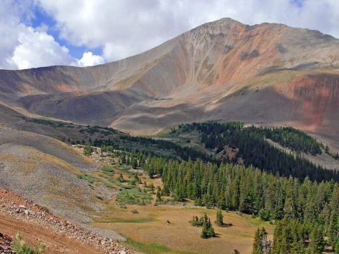sloping hillside and mountain in brown and green