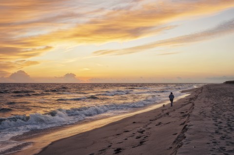 Image of person walking on a beach at sunset.