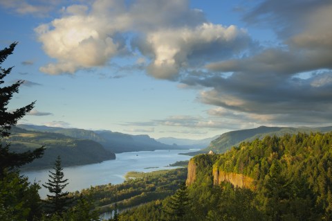 View overlooking a river gorge lined with tree-covered cliffs at sunset.