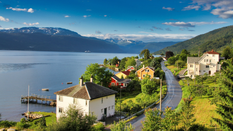 A small village on a lush hillside next to a fjord