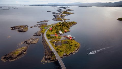 Aerial view of ocean road connecting small islets